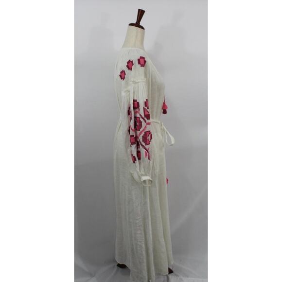 ELEVEN March 11 Sz XS Ivory Linen Pink Embroidered Belted Midi Dress - Picture 4 of 9